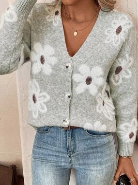 Fluffy Daisy Floral V-Neck Button Cardigan Sweater